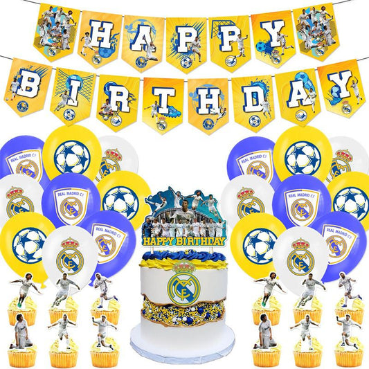 Décoration Anniversaire Real Madrid CF, 32 Pièces Ballons Football, Drapeaux Pour Gâteaux Fête
