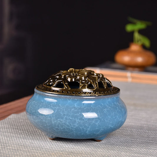 Flower Brass Cover Colorful Pottery Ceramic Incense Bakhoor Burner Holder