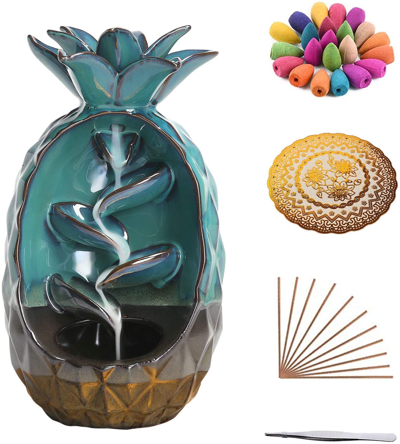 Turquoise Gradient Ceramic Pineapple Backflow Incense Burner