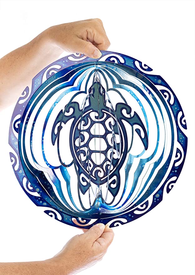 Tribal Navy Blue Sea Turtle Wind Spinner Kinetic 3D Metal Decorative Outdoor Garden Yard