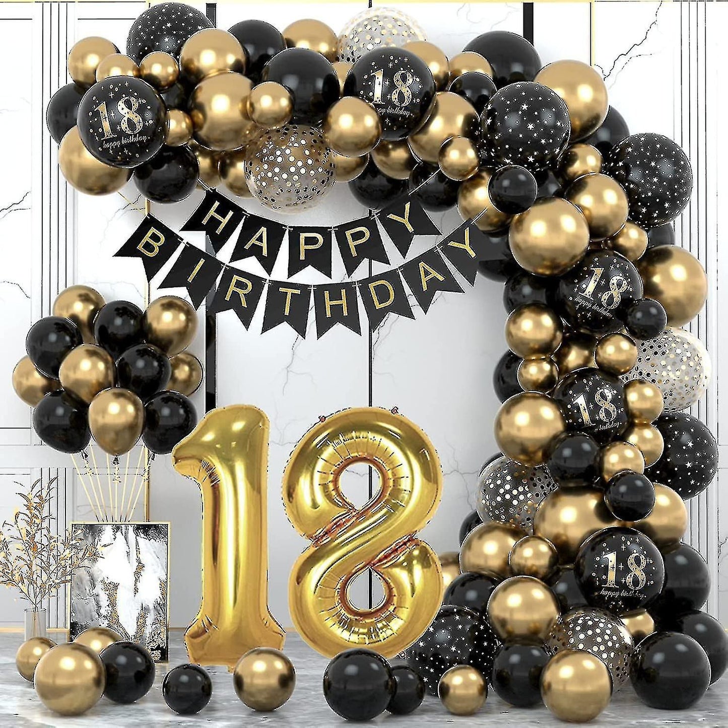 79pcs Luftballons 18. Geburtstag, Schwarzes Gold Geburtstagsdeko, Party Flaggen Kuchen Set