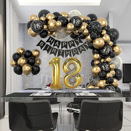 79pcs Luftballons 18. Geburtstag, Schwarzes Gold Geburtstagsdeko, Party Flaggen Kuchen Set