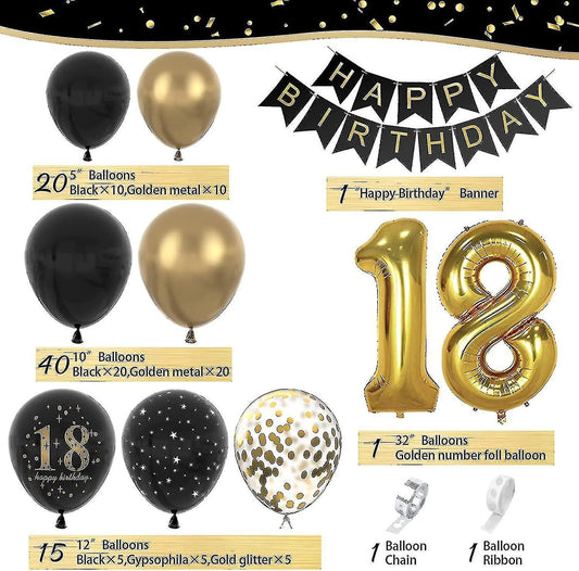 79pcs Luftballons 18. Geburtstag, Schwarzes Gold Geburtstagsdeko, Party Flaggen Kuchen Set