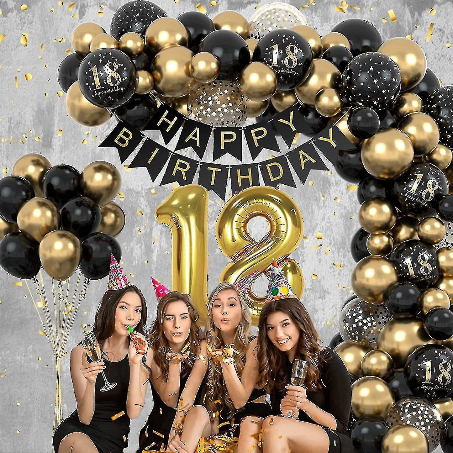 79pcs 18th Birthday Balloons Arch Black Gold Party Decorations