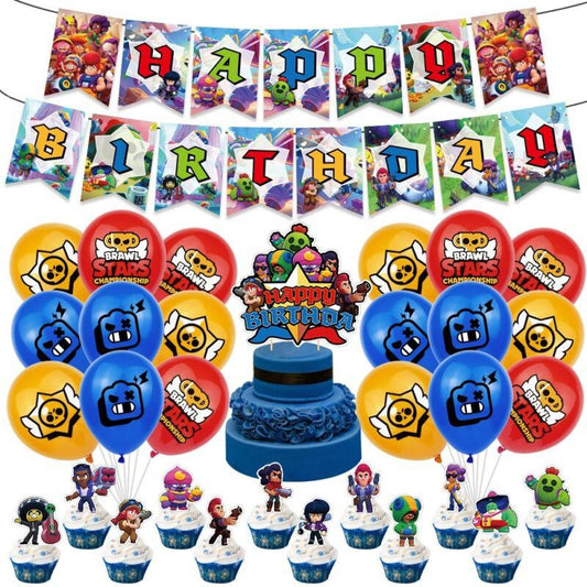 Brawl Stars Decoracion de Cumpleaños, 32 piezas, Globos Juegos Dibujos Animados, Banderas Fiesta, Kit Carteles Para Tartas