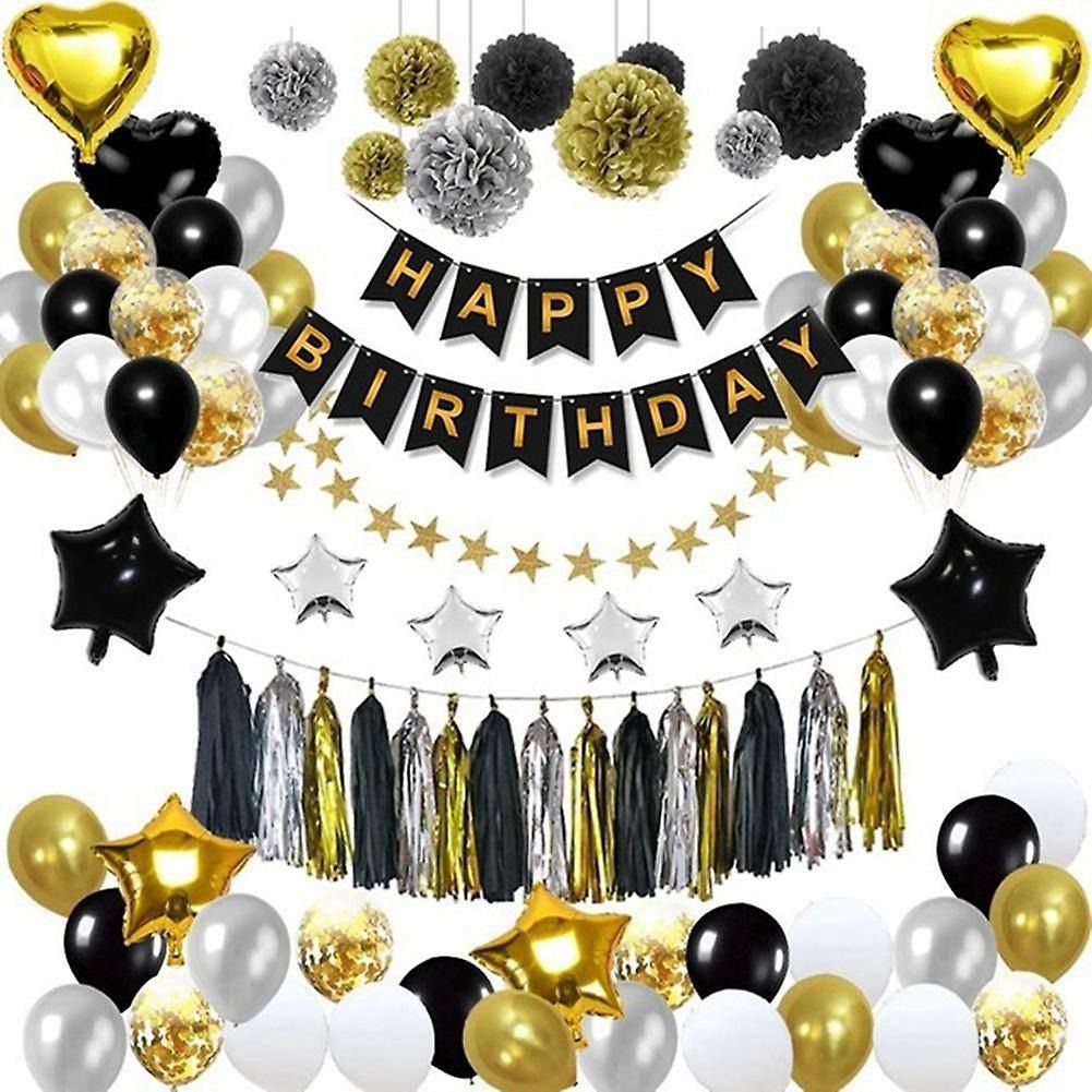 40pcs Luftballons Schwarzes Gold, Geburtstagsdeko, Party Flaggen Kuchen Set