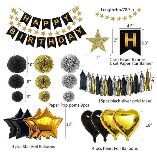 40pcs Luftballons Schwarzes Gold, Geburtstagsdeko, Party Flaggen Kuchen Set