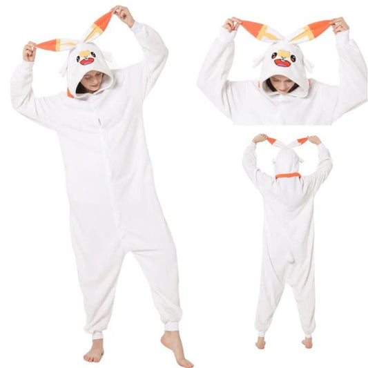 Kigurumi Flambino, Pokemon Scorbunny Onesie, Espèces de feu, Nintendo Costume Combinaison Chaussettes Pyjama Snuggie