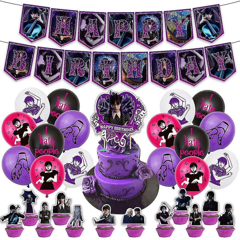 30pcs Luftballons Wednesday Addams, Film Geburtstagsdeko, Party Flaggen Kuchen Set