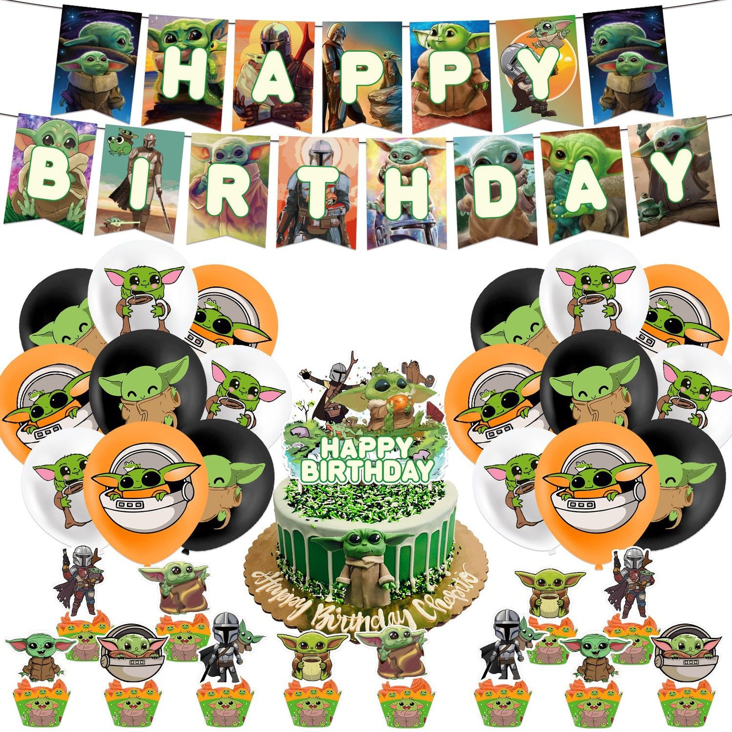 32pcs Luftballons Baby Yoda, Grogu Star Wars Geburtstagsdeko, Party Flaggen Kuchen Set