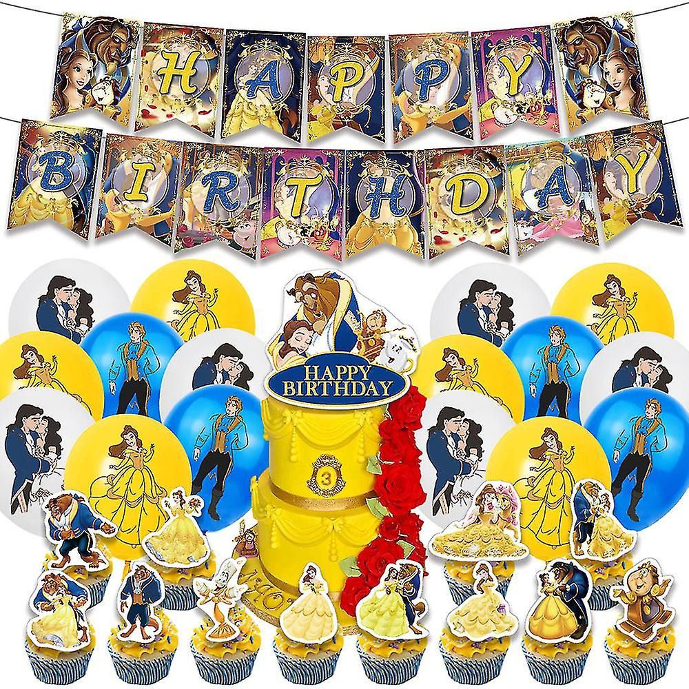 32-teiliges Die Schöne und das Biest Geburtstagsdekor, Disney Prinzessin Luftballons, Party Kuchen Angebot Set