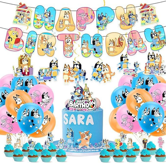 38pcs Bluey Geburtstagsdeko, Karikatur Luftballons, Party Flaggen Kuchen Set