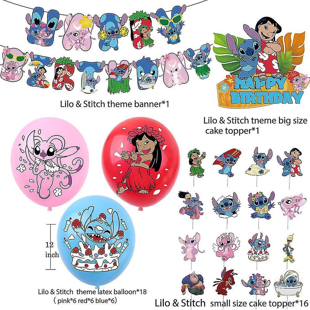 Décoration Anniversaire Lilo et Stitch, 34 Pièces Ballons Disney, Drapeaux Pour Gâteaux Fête