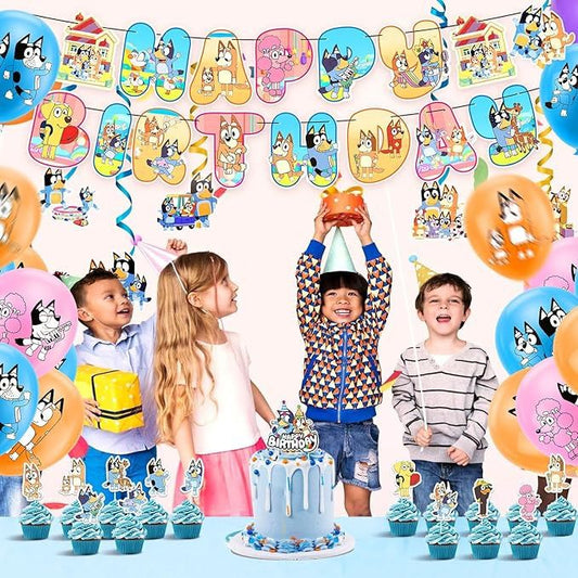 38pcs Bluey Geburtstagsdeko, Karikatur Luftballons, Party Flaggen Kuchen Set