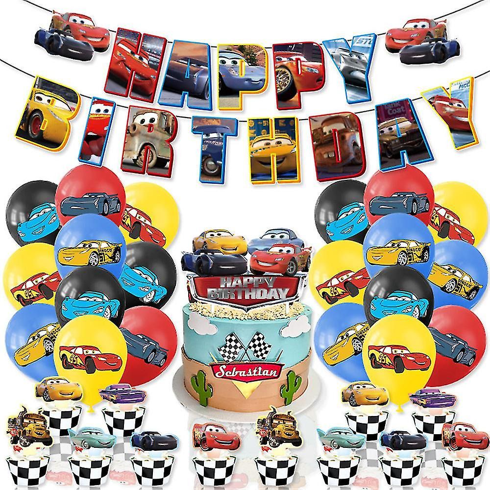 Décoration Anniversaire Cars, 34 Pièces Ballons Disney Lightning Mcqueen, Drapeaux Pour Gâteaux Fête