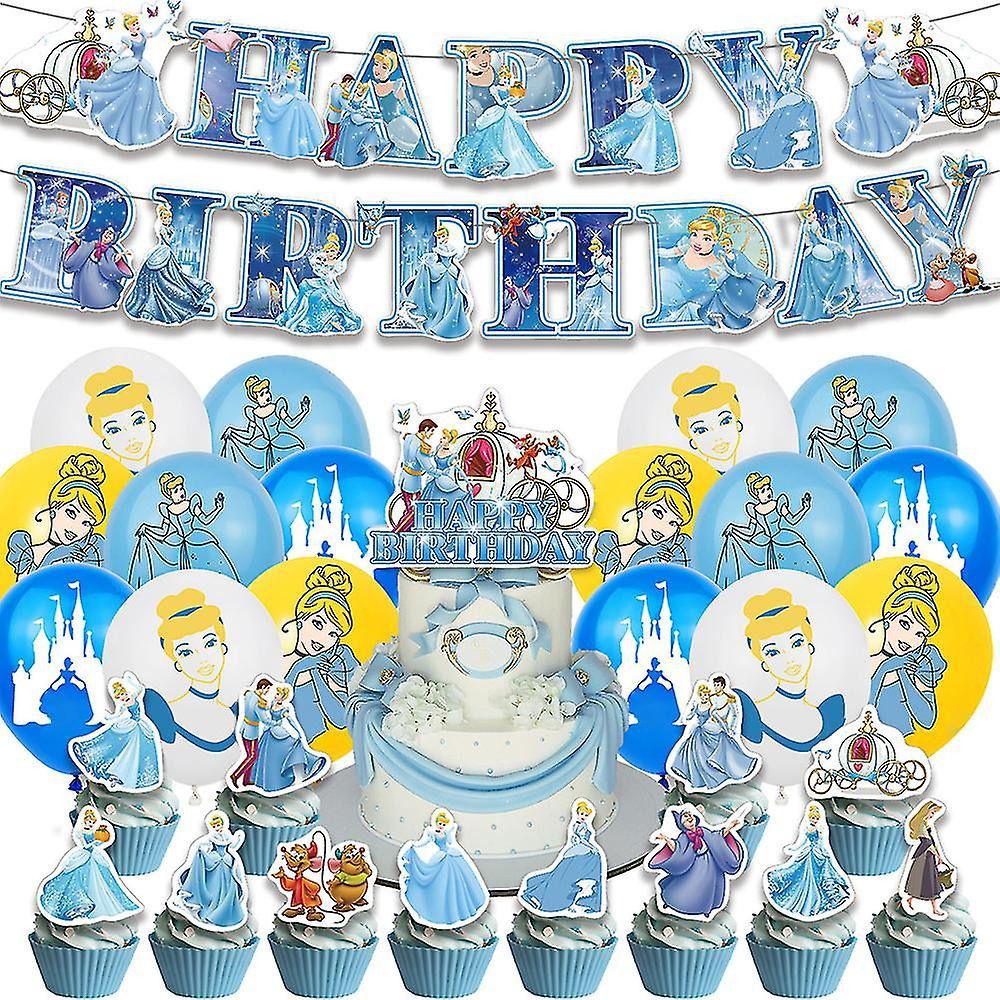 Décoration Anniversaire Cinderella, 30 Pièces Ballons Disney Cendrillon, Drapeaux Pour Gâteaux Fête