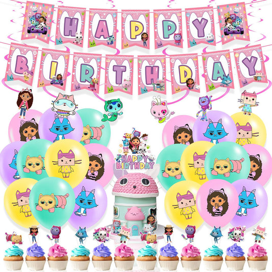 32pcs Luftballons Gabby's Dollhouse, Karikatur Puppenhaus Geburtstagsdeko, Party Flaggen Kuchen Set