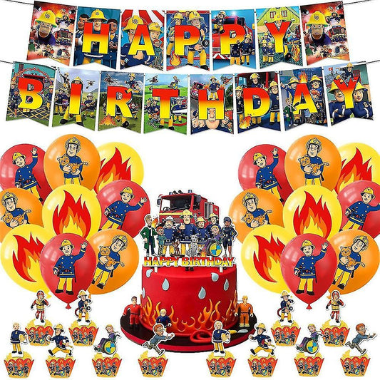 32-teiliges Feuerwehrmann Sam Geburtstagsdekor, Cartoon Fireman Luftballons, Party Kuchen Angebot Set