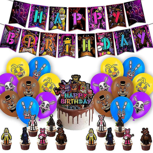 30pcs Luftballons Fnaf, Five Nights at Freddy's Geburtstagsdeko, Party Flaggen Kuchen Set