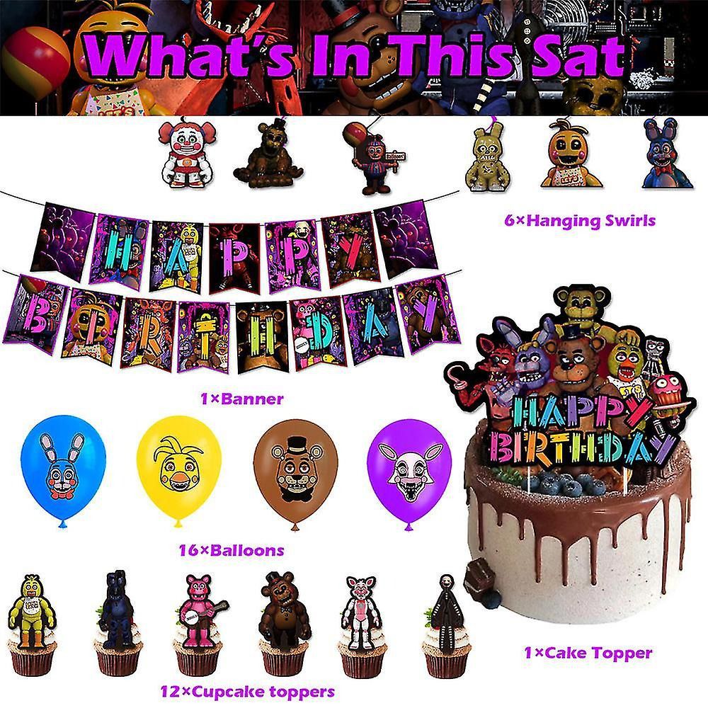 30pcs Luftballons Fnaf, Five Nights at Freddy's Geburtstagsdeko, Party Flaggen Kuchen Set