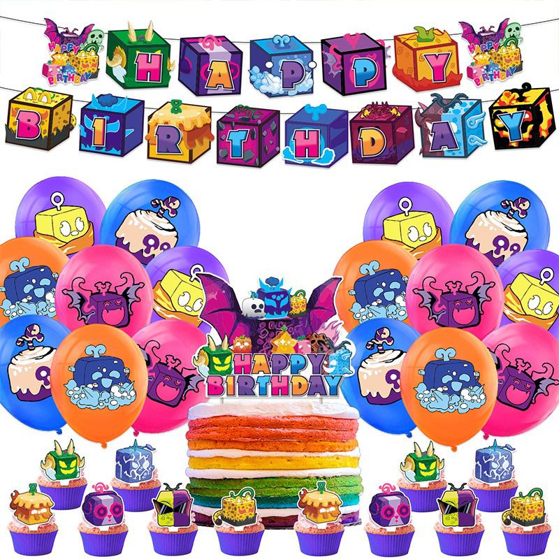 32pcs Luftballons Blox Fruits, Karikatur Geburtstagsdeko, Party Flaggen Kuchen Set