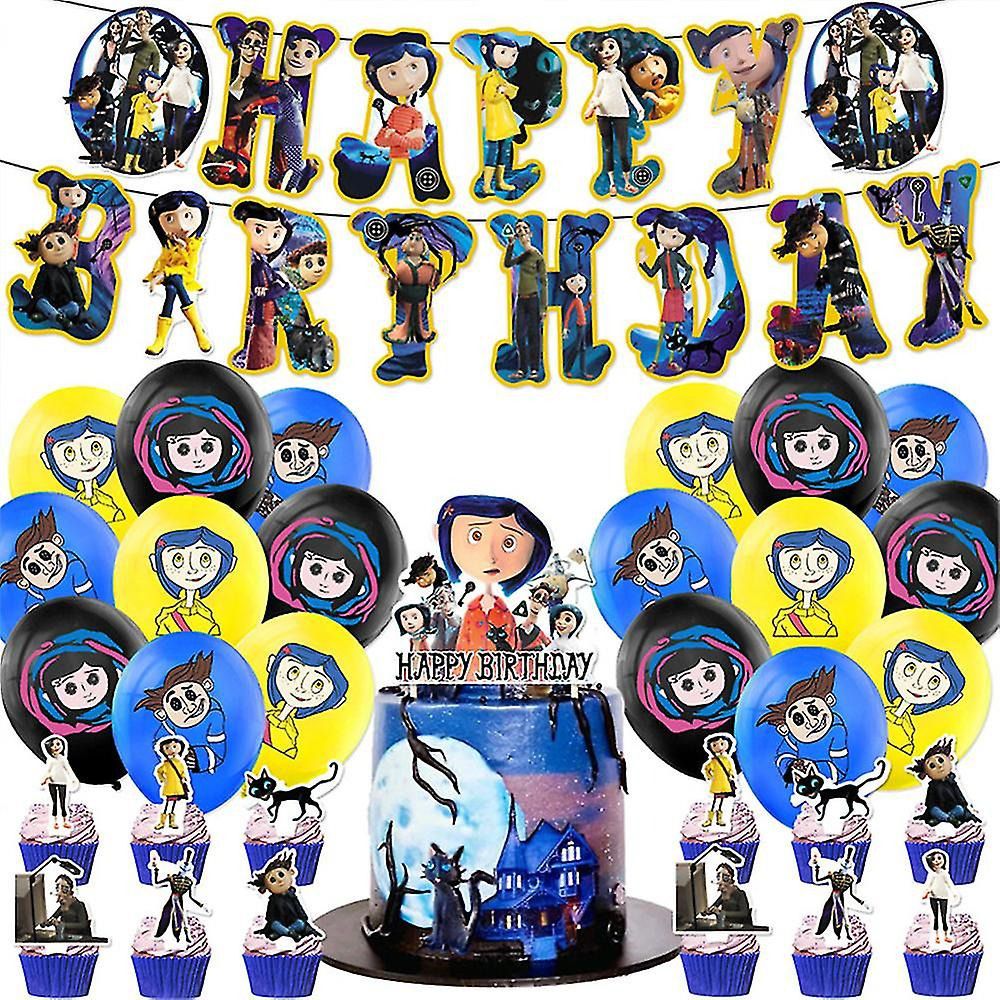 32pcs Luftballons Coraline, Karikatur Geburtstagsdeko, Party Flaggen Kuchen Set