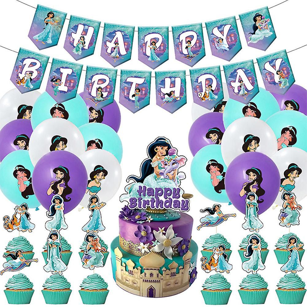 38-teiliges Prinzessin Jasmin Geburtstagsdekor, Disney Aladdin Luftballons, Party Kuchen Angebot Set