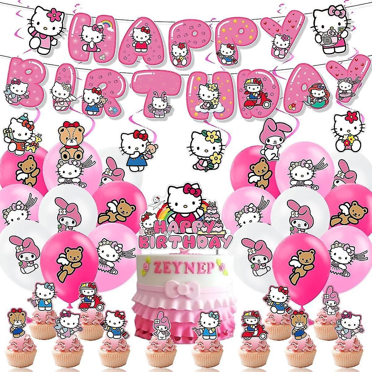 Décoration Anniversaire Hello Kitty, 38 Pièces Ballons Sanrio, Drapeaux Pour Gâteaux Fête