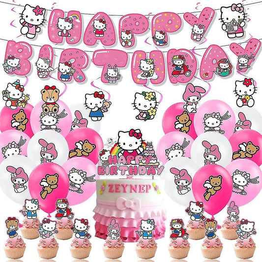 38pcs Luftballons  Hello Kitty, Sanrio Rosa Geburtstagsdeko, Party Flaggen Kuchen Set