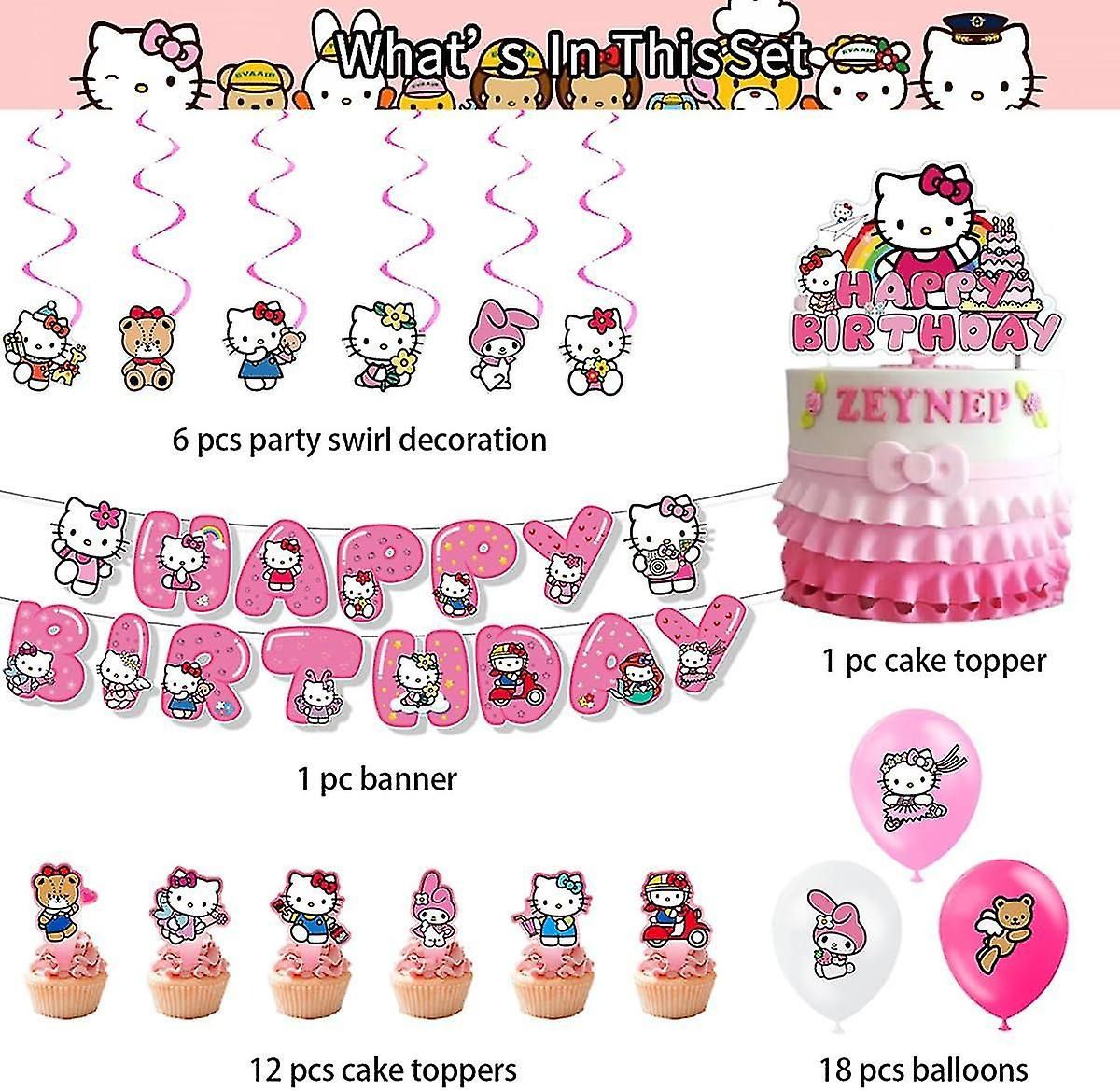 Décoration Anniversaire Hello Kitty, 38 Pièces Ballons Sanrio, Drapeaux Pour Gâteaux Fête