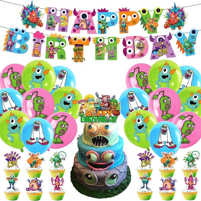 32pcs Luftballons My Sing Monsters, Karikatur Geburtstagsdeko, Party Flaggen Kuchen Set