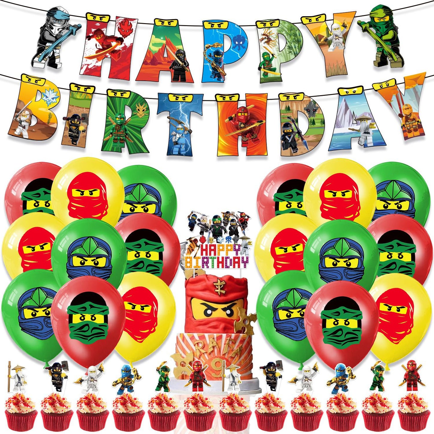 32-teiliges Ninjago Geburtstagsdekor, Cartoon Lego Luftballons, Party Kuchen Angebot Set