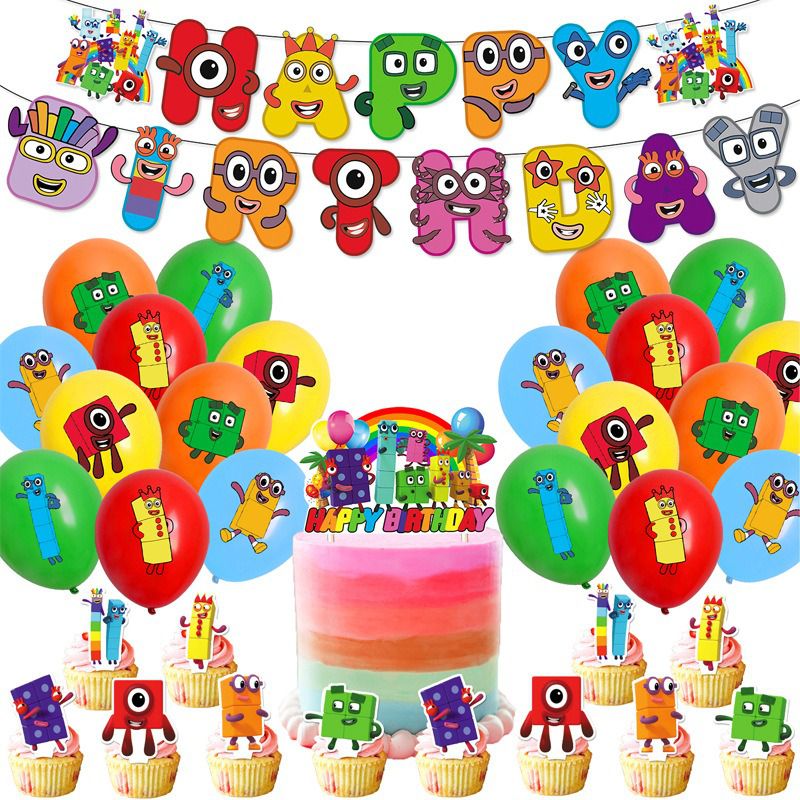 Décoration Anniversaire Numberblocks, 32 Pièces Ballons, Drapeaux Pour Gâteaux Fête