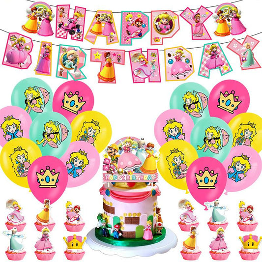 32pcs Luftballons Prinzessin Peach, Karikatur Geburtstagsdeko, Party Flaggen Kuchen Set