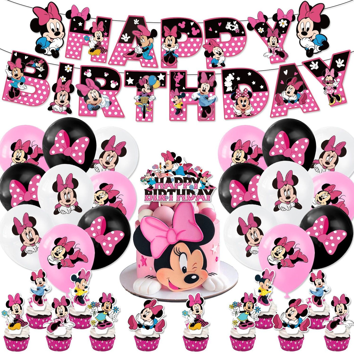 Décoration Anniversaire Minnie Mouse, 32 Pièces Ballons Disney, Drapeaux Pour Gâteaux Fête