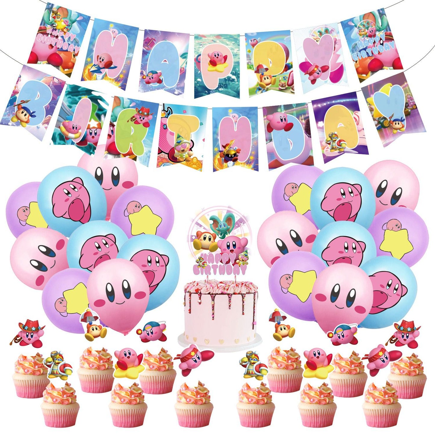 32pcs Luftballons Kirby, Karikatur Geburtstagsdeko, Party Flaggen Kuchen Set