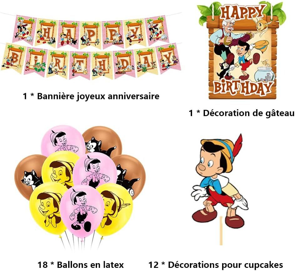 Décoration Anniversaire Pinocchio, 30 Pièces Ballons, Drapeaux Pour Gâteaux Fête