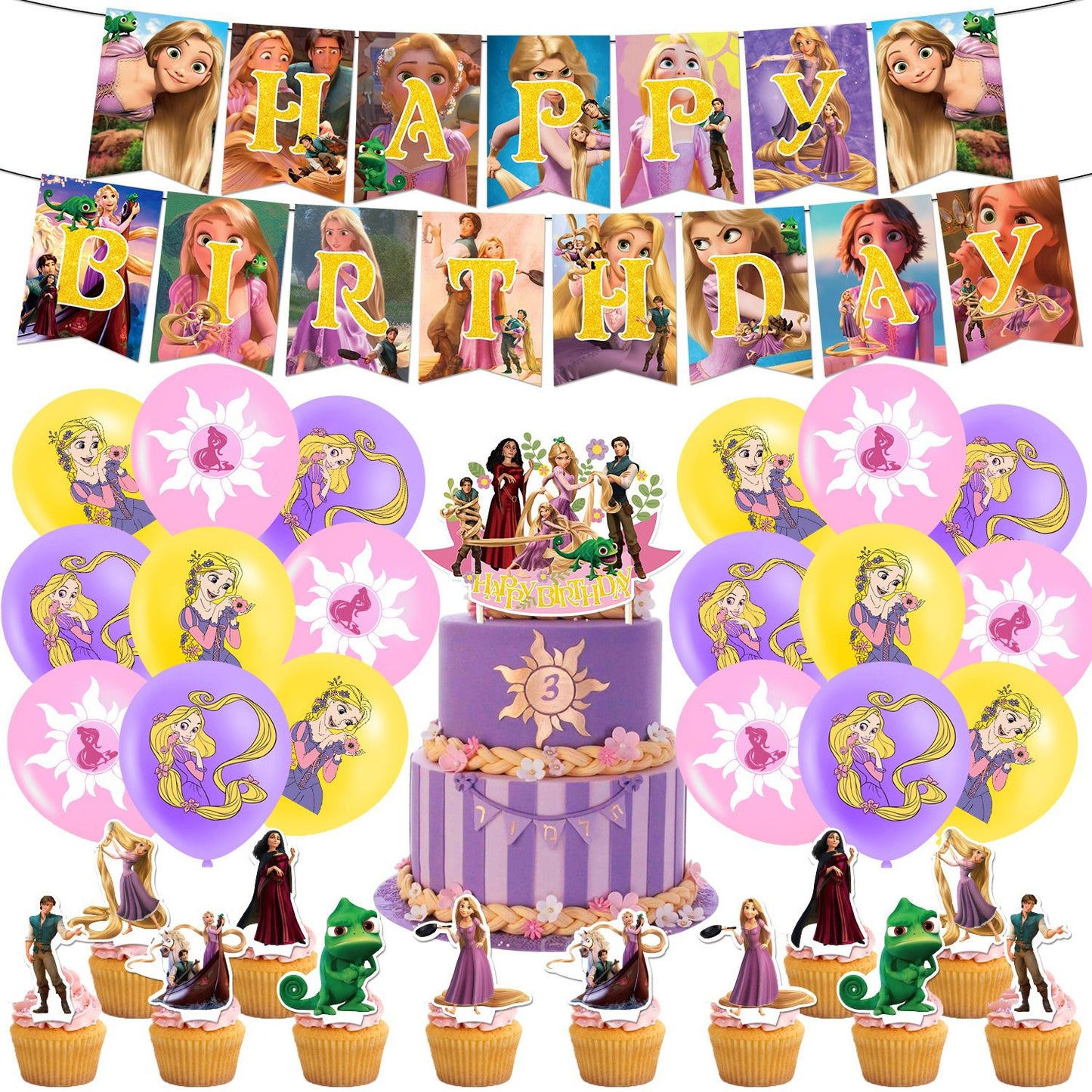 32pcs Luftballons Tangled, Disney Rapunzel Geburtstagsdeko, Party Flaggen Kuchen Set