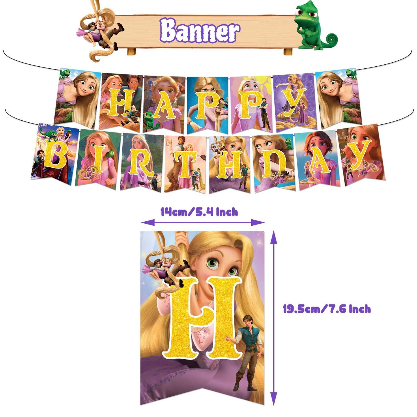 32pcs Luftballons Tangled, Disney Rapunzel Geburtstagsdeko, Party Flaggen Kuchen Set