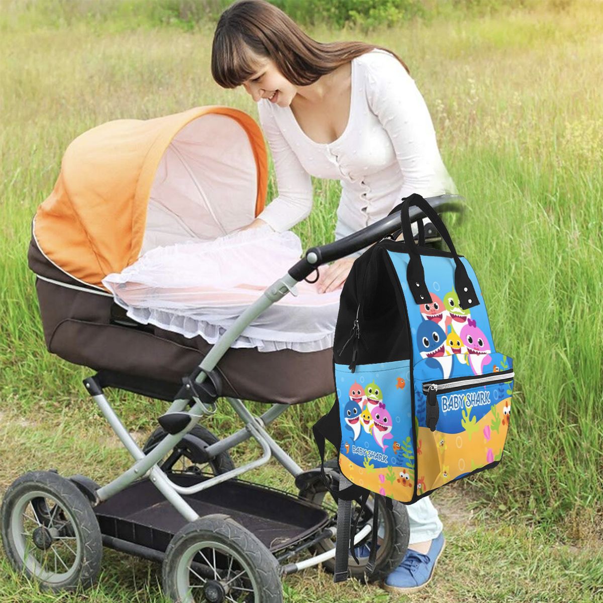 Cartoon Sharks Family Diaper Bag Backpack