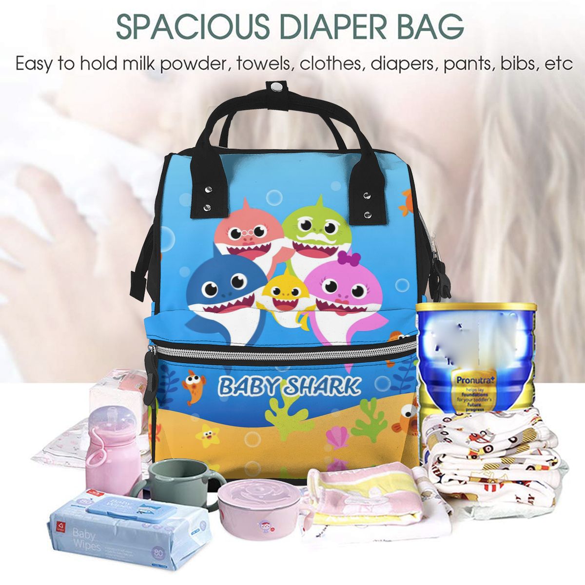 Cartoon Sharks Family Diaper Bag Backpack