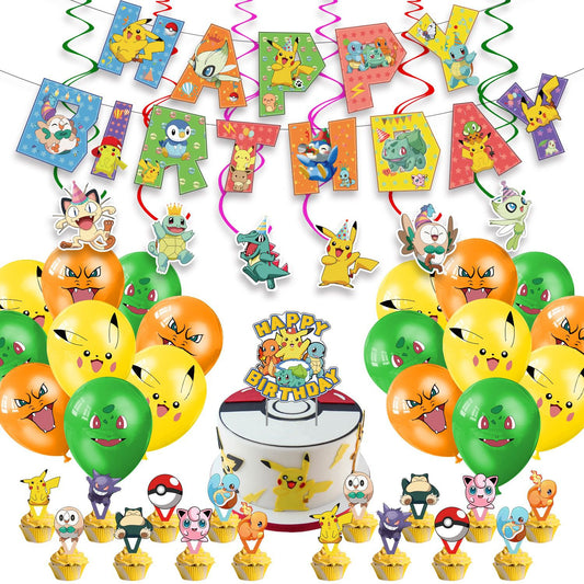 32pcs Luftballons Pokemon, Karikatur Pikachu Geburtstagsdeko, Party Flaggen Kuchen Set