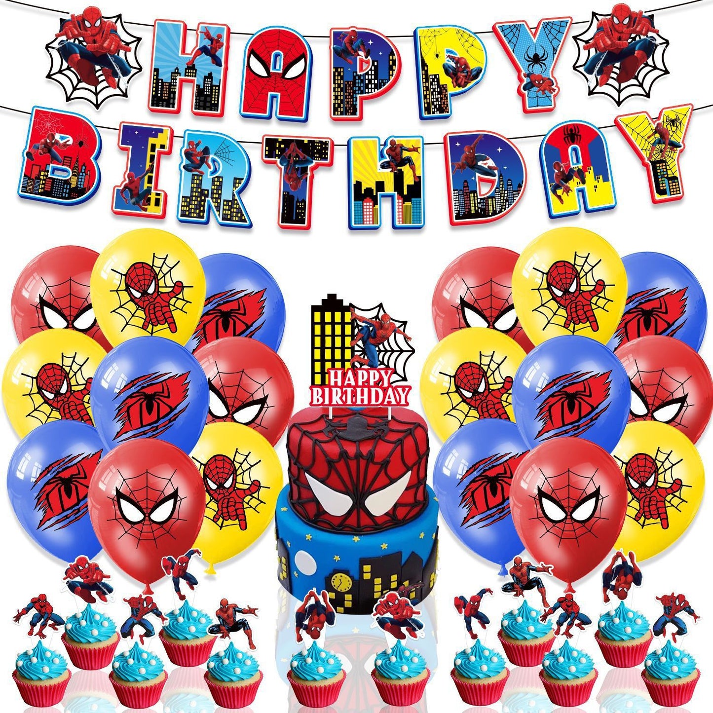 32pcs Luftballons Spiderman, Karikatur Geburtstagsdeko, Party Flaggen Kuchen Set