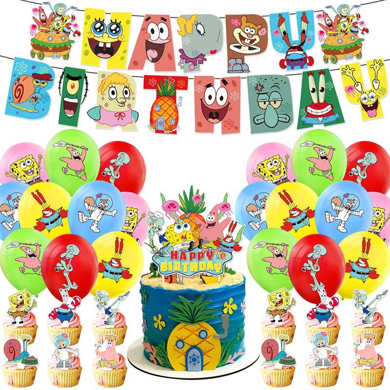 32-teiliges Spongebob Schwammkopf Geburtstagsdekor, Cartoon Luftballons, Party Kuchen Angebot Set