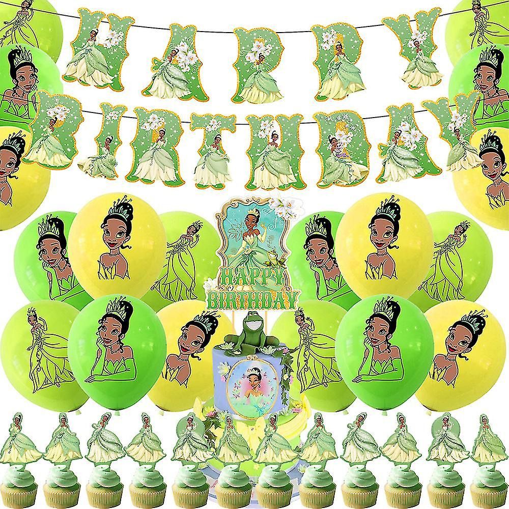 32pcs Luftballons Küss den Frosch, Disney Grün Geburtstagsdeko, Party Flaggen Kuchen Set