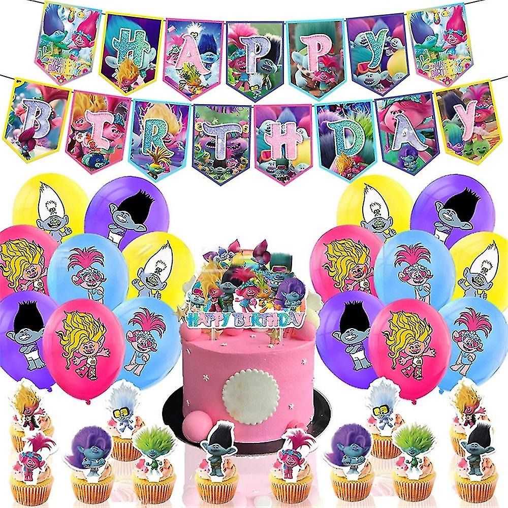 30pcs Luftballons Trolls, Karikatur Disney Geburtstagsdeko, Party Flaggen Kuchen Set