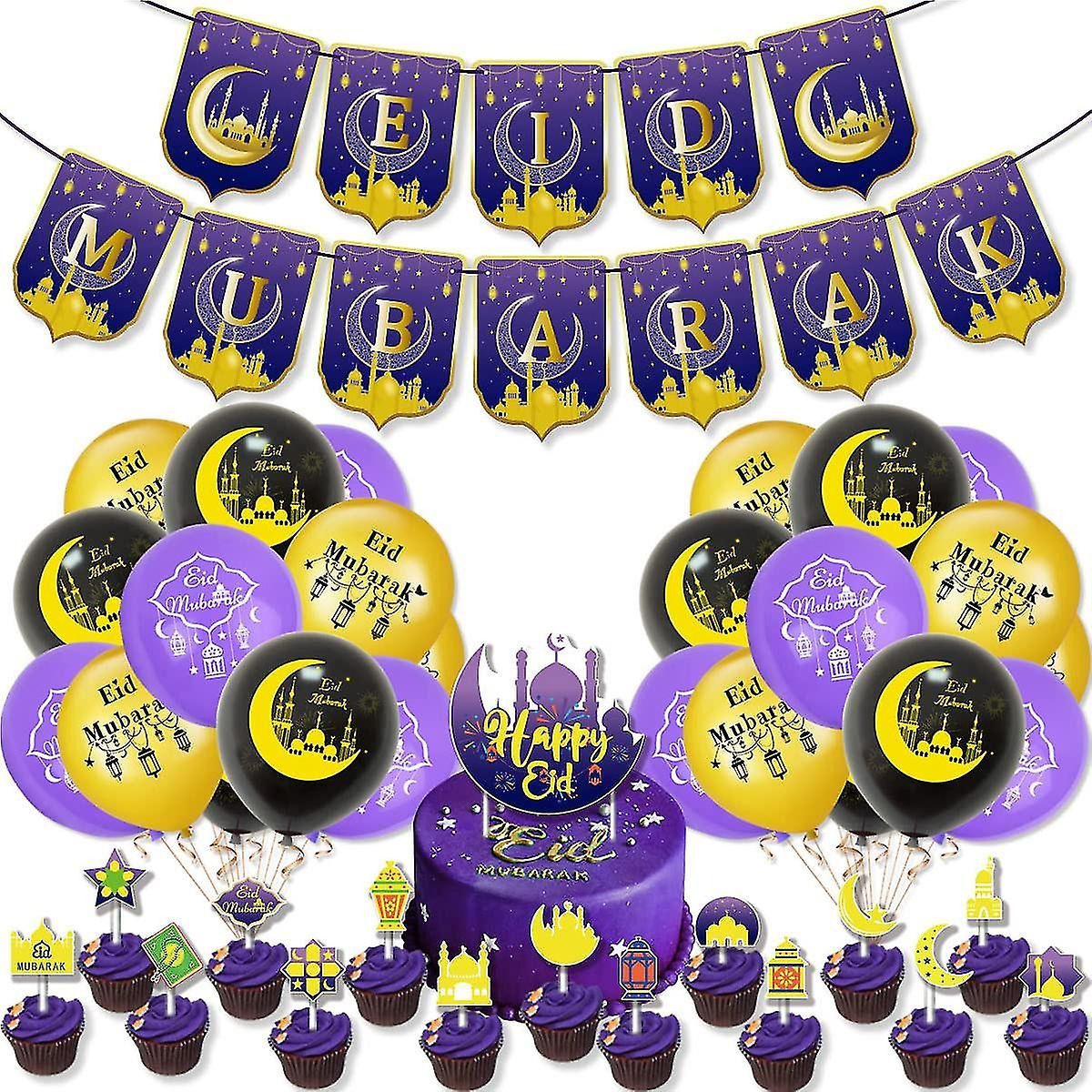 41pcs Luftballons Eid Mubarak, Partydekoration in Schwarz, Gold und Blau, Kuchenset