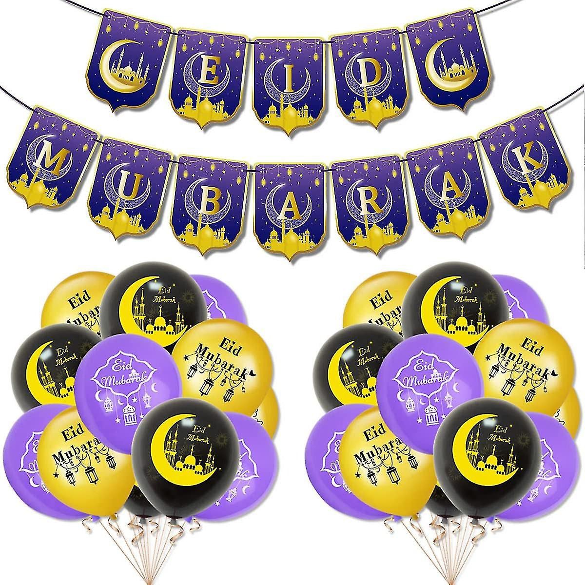 41pcs Luftballons Eid Mubarak, Partydekoration in Schwarz, Gold und Blau, Kuchenset