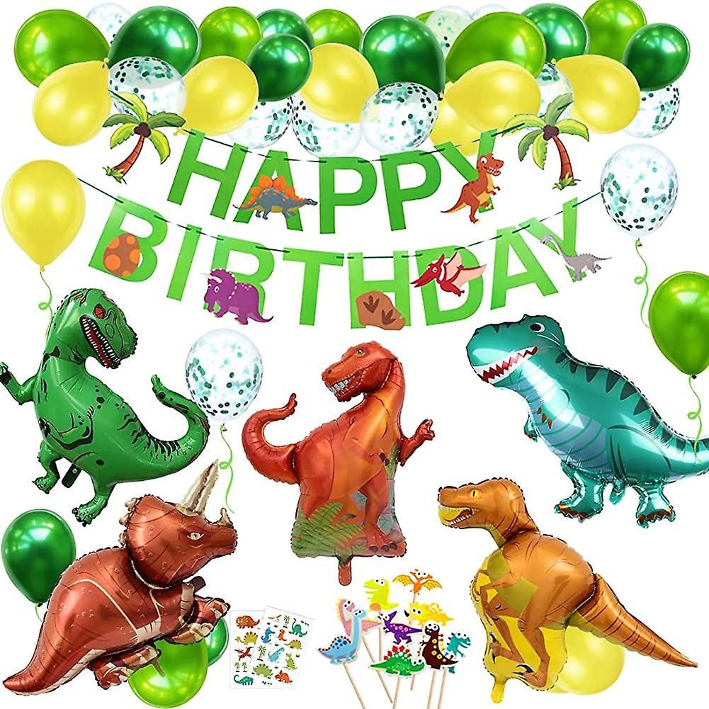 47pcs Luftballons Dinosaurier, Grüne Geburtstagsdeko, Partyflaggen-Kuchenset