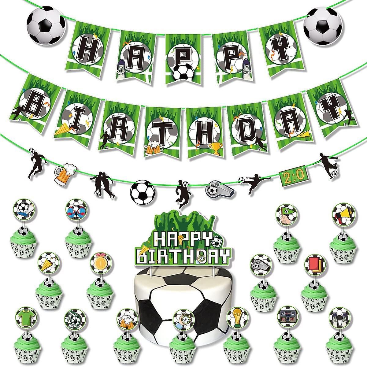 37pcs Luftballons Fußball, Grün Geburtstagsdeko, Party Flaggen Kuchen Set